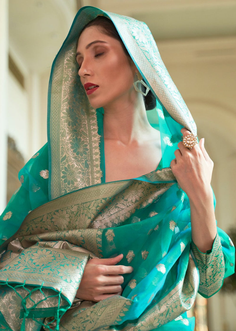 Viridian Green Zari Woven Organza Silk Saree