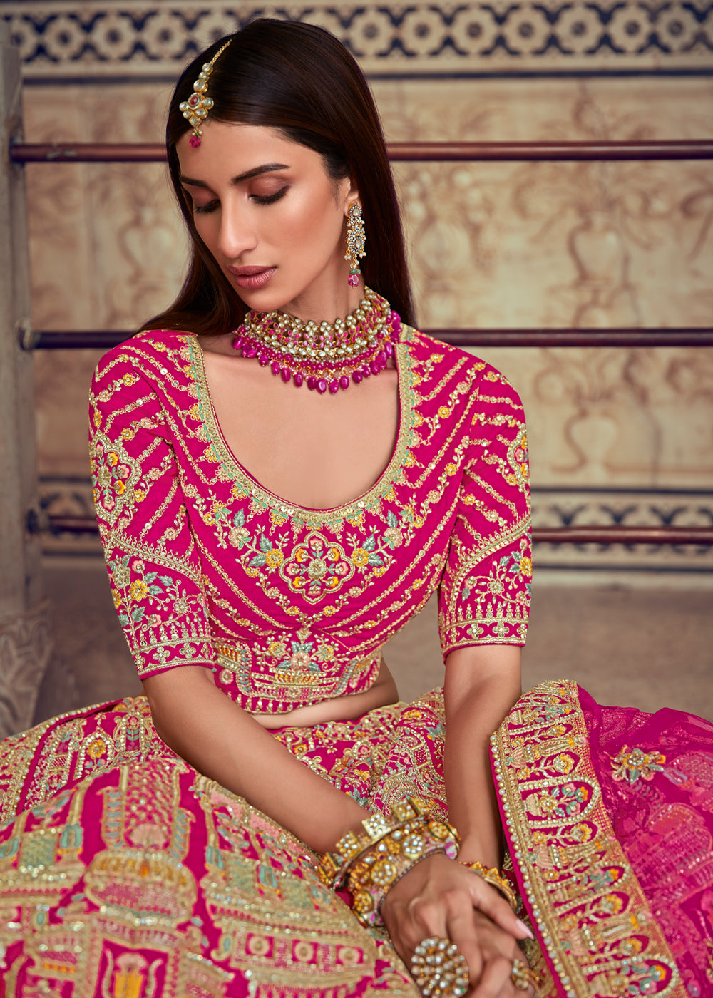 Buy MySilkLove Brick Pink Heavy Embroidered Designer Lehenga Online