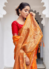Neon Orange Zari Woven Banarasi Silk Saree