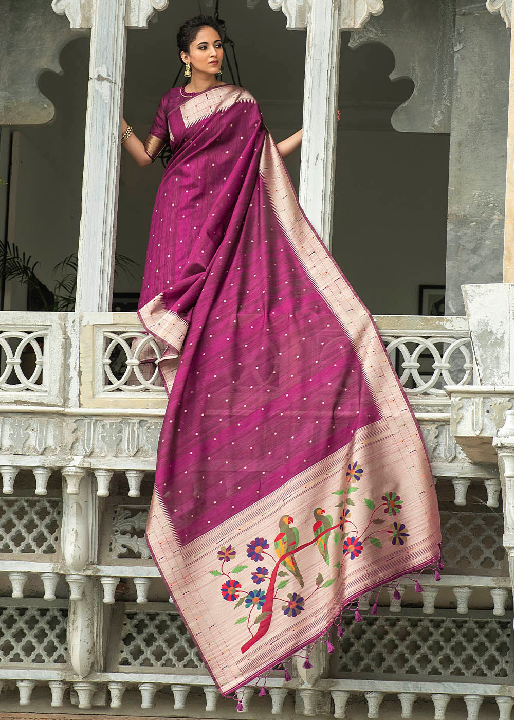Buy MySilkLove Cannon Pink Purple Zari Woven Tussar Paithani Silk Saree Online