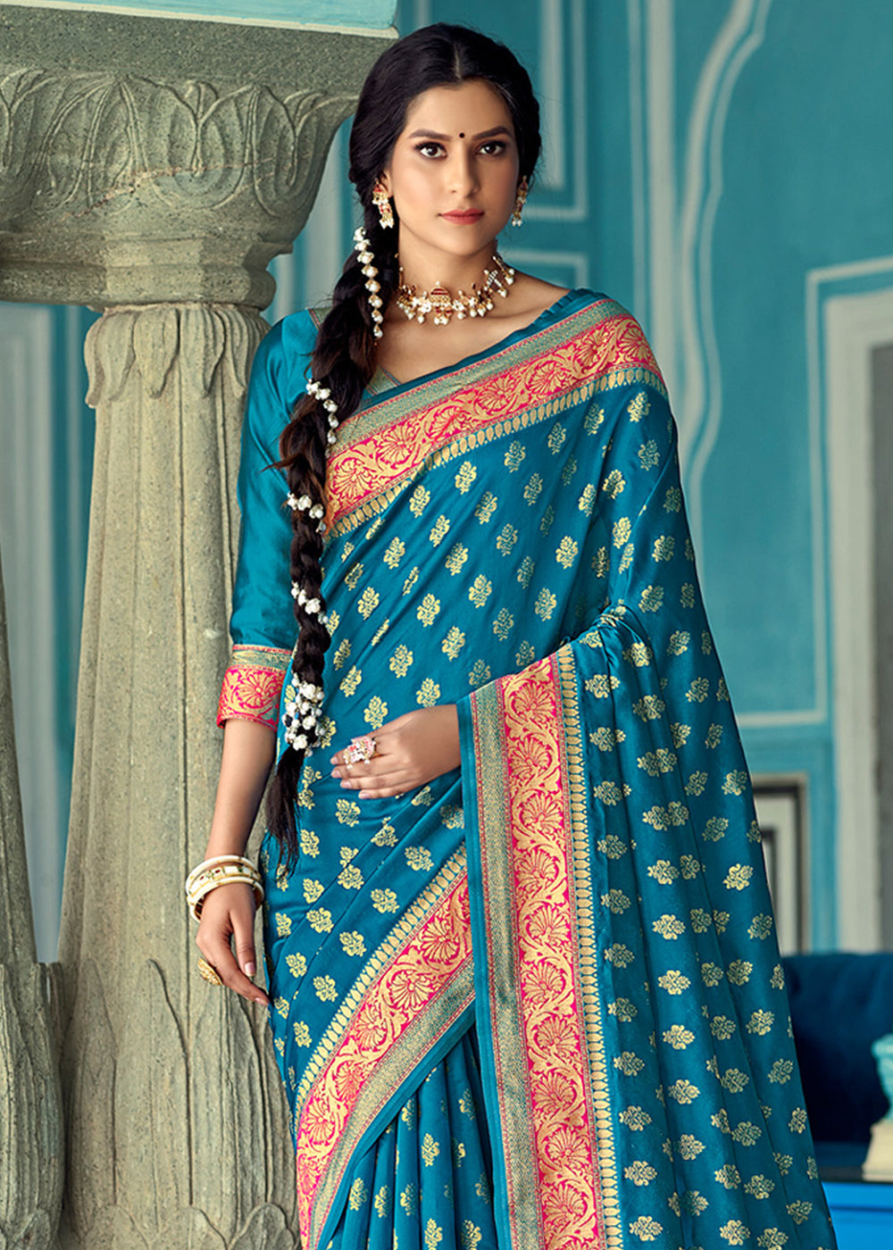 MySilkLove Boston Blue and Red Zari Woven Banarasi Saree