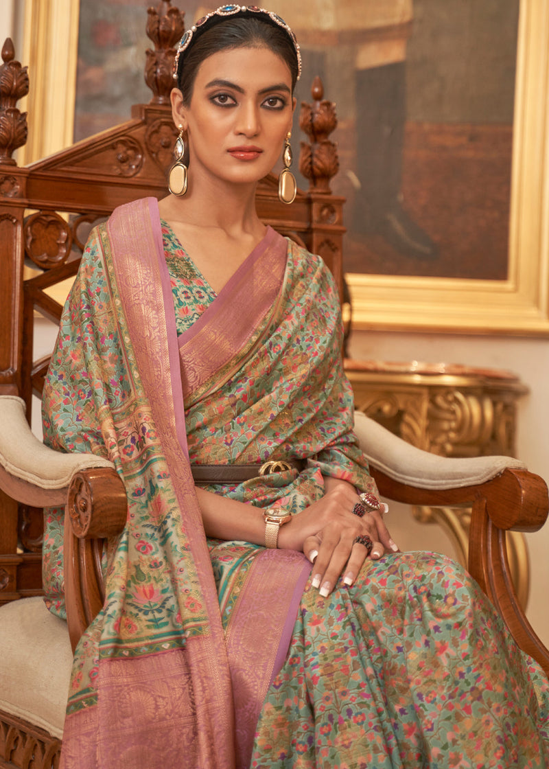 Battleship Green and Pink Banarasi Digital Printed Kanni Silk Saree