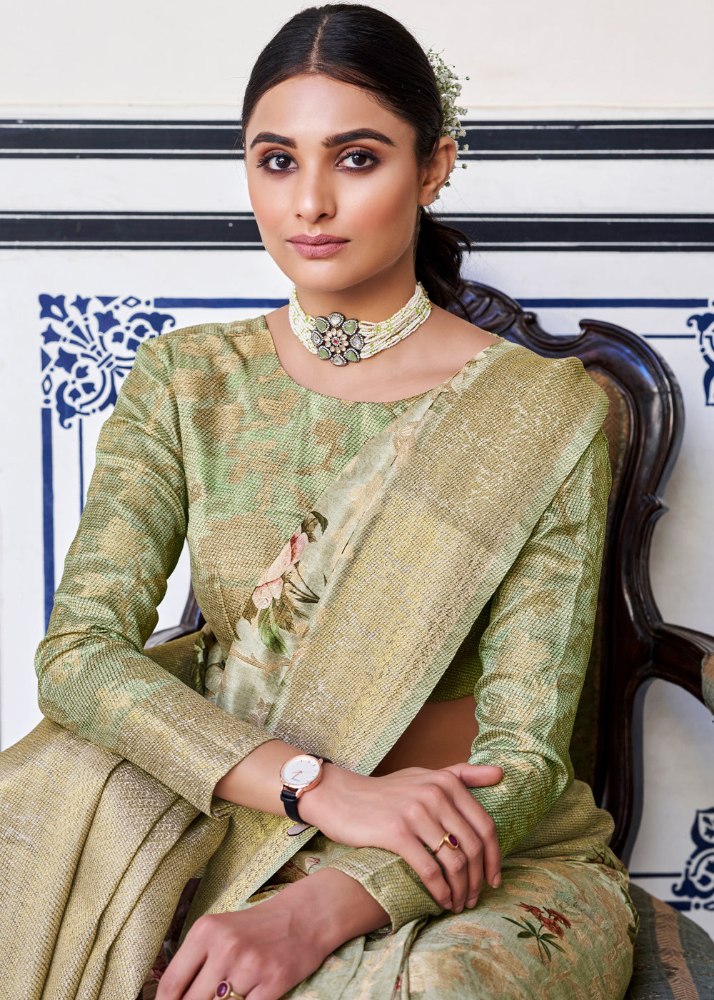 Buy MySilkLove Chino Green Zari Woven Floral Banarasi Saree Online