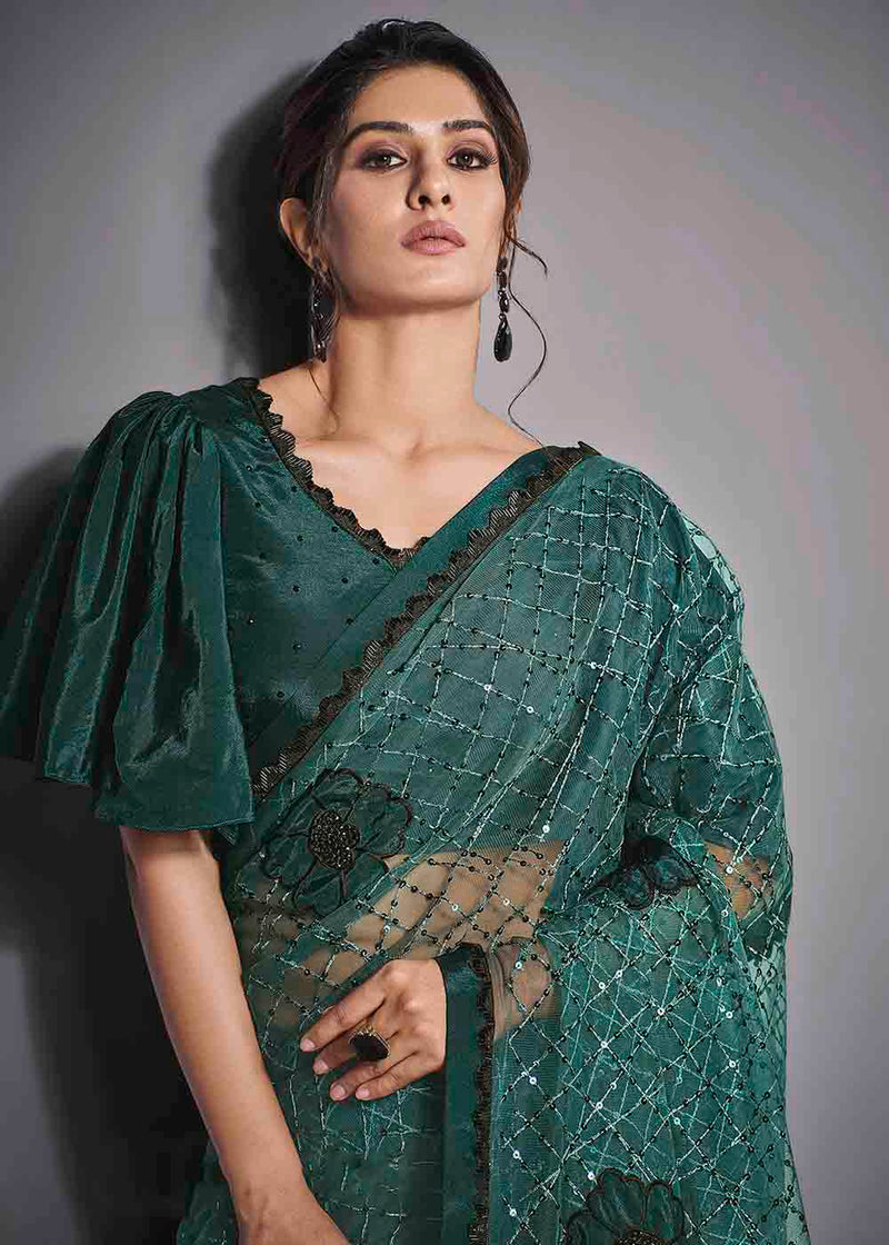 Steel Teal Green Designer Lycra Saree with Embroidery Work