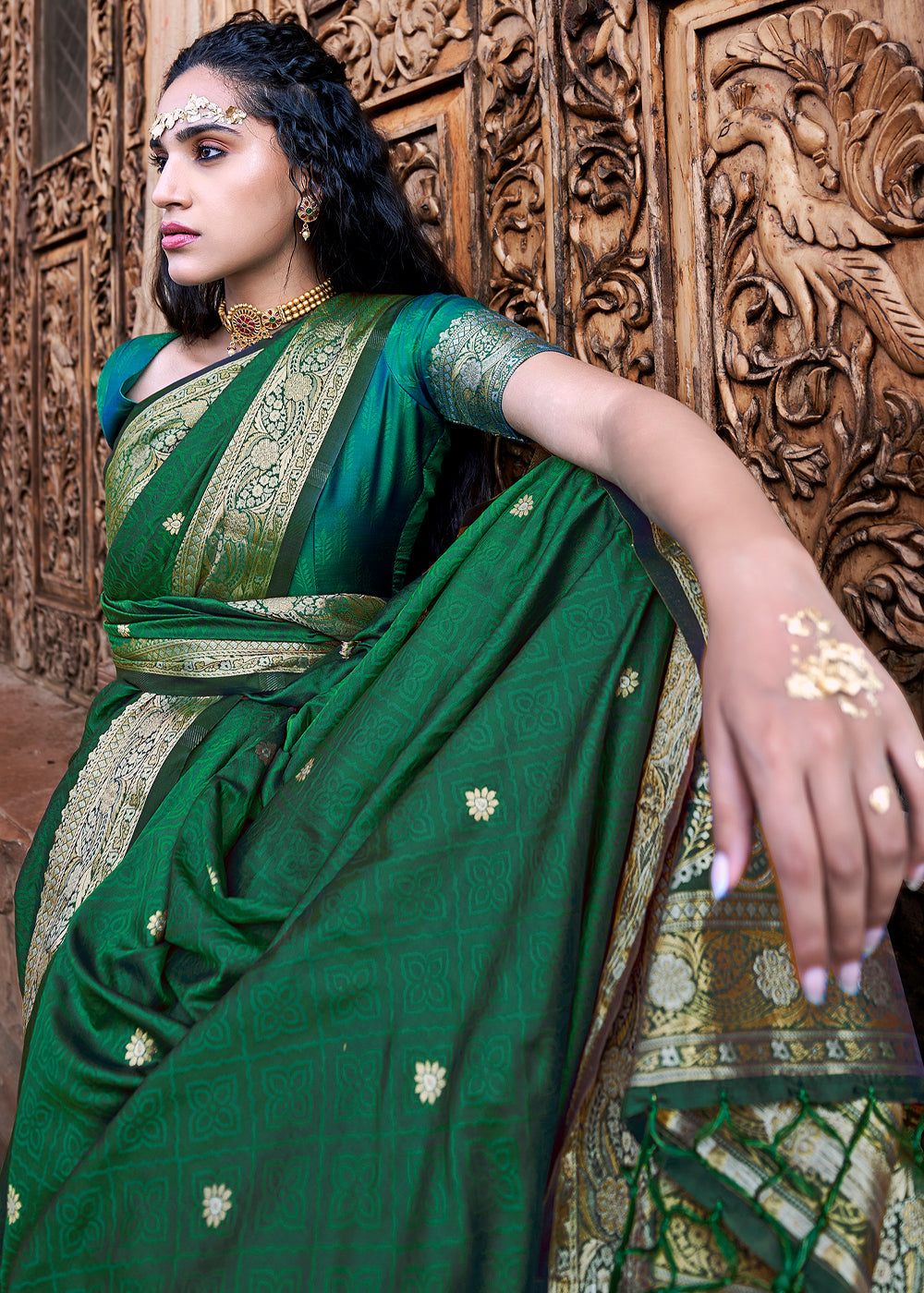 MySilkLove Emerald Green Woven Banarasi Satin Silk Saree
