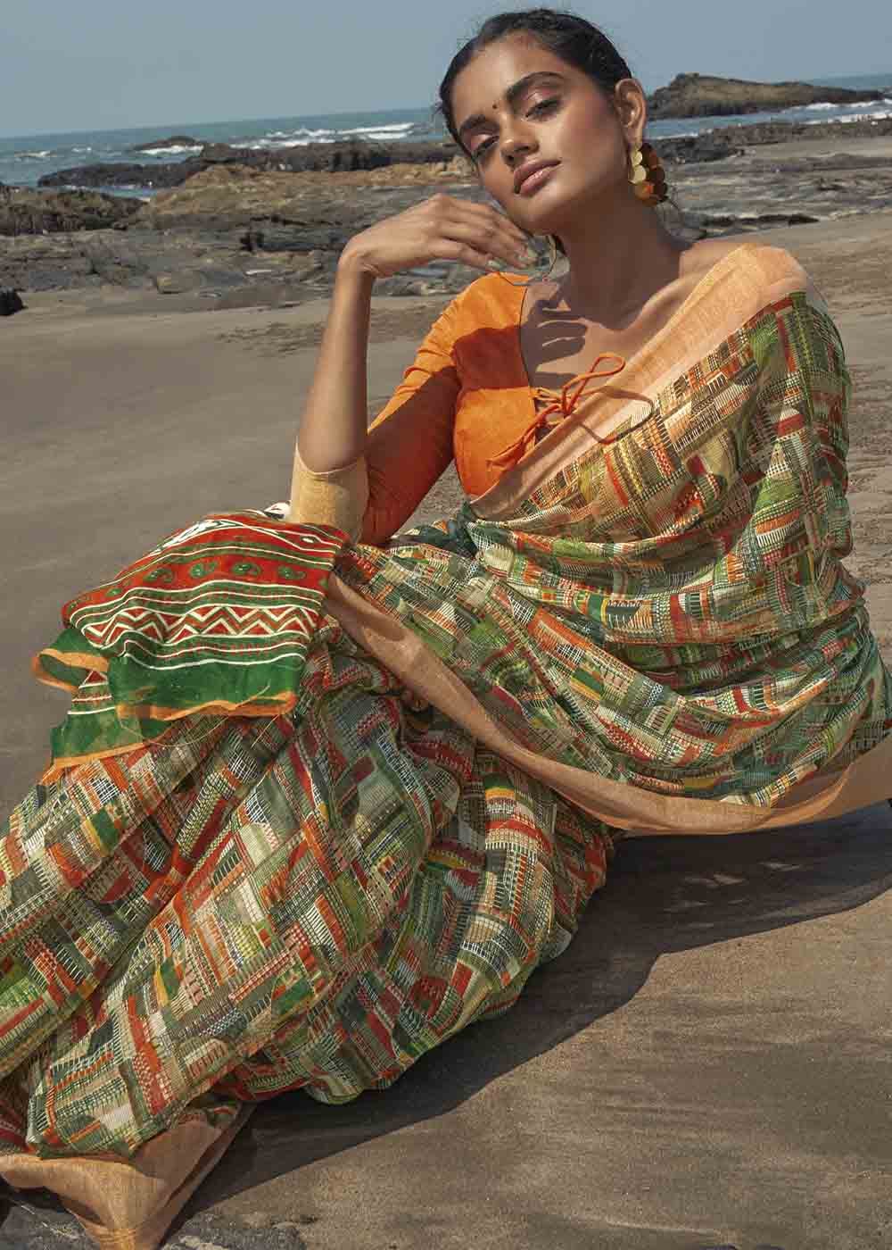 Buy MySilkLove Green Smoke and Orange Printed Cotton Saree Online