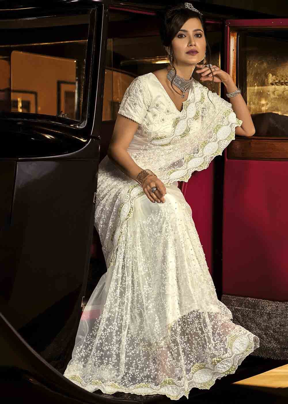 Buy MySilkLove Special White Heavy Work Designer Net Saree Online