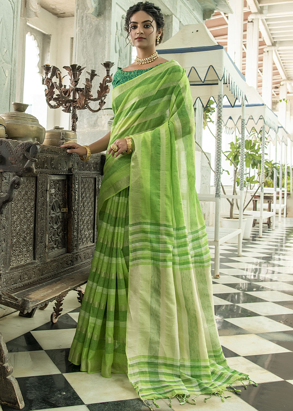 Buy MySilkLove Cucumber Green Zari Woven Striped Linen Saree Online