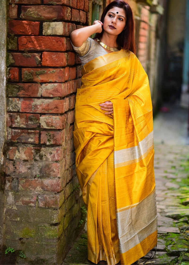 Look and Adorn Yellow Khadi Cotton Handloom Saree with Blouse Piece - Sarees  Women Apparel | World Art Community