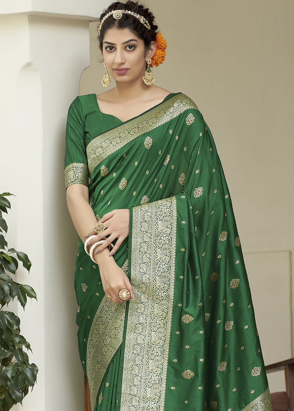 MySilkLove Green Pea Zari Woven Banarasi Silk Saree with Butti Work