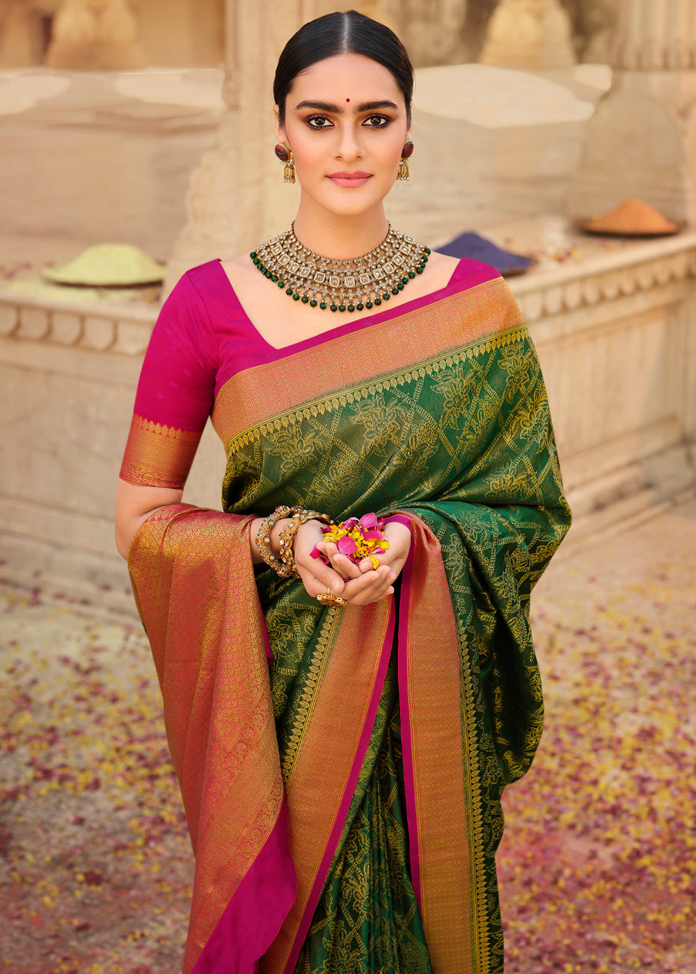 MySilkLove Thatch Green & Pink Zari Woven Kanjivaram Saree