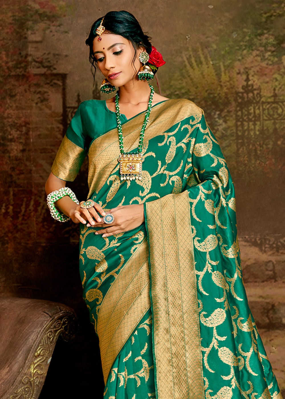 Buy MySilkLove Silver Green Zari Woven Banarasi Jamdani Silk Saree Online