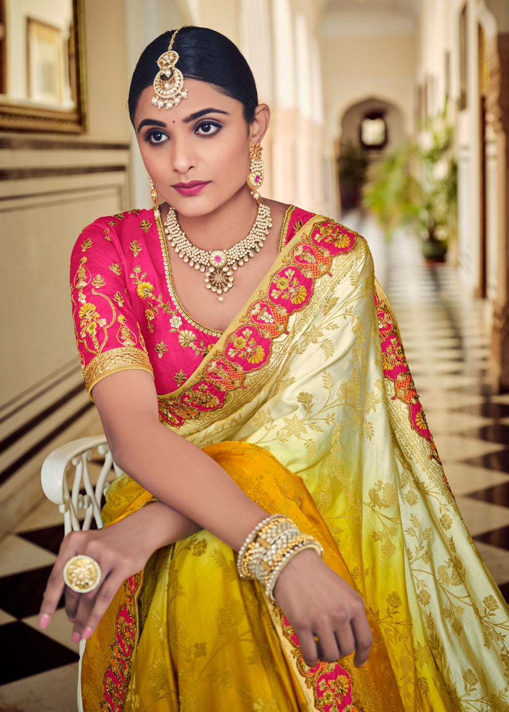 MySilkLove Raffia White and Yellow Zari Woven Designer Banarasi Saree