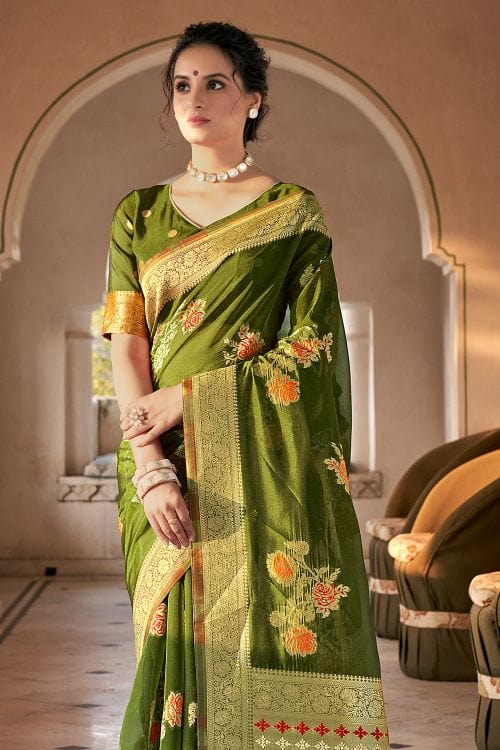 Buy MySilkLove Crete Green Organza Saree Online