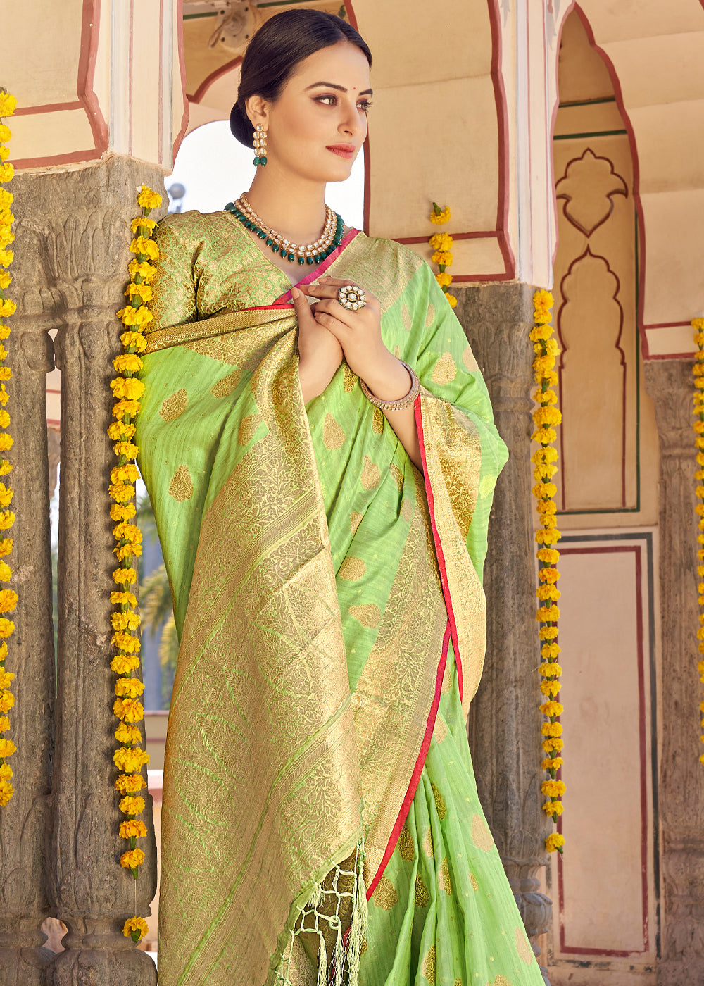 Buy MySilkLove Primrose Green Zari Woven Banarasi Linen Saree Online