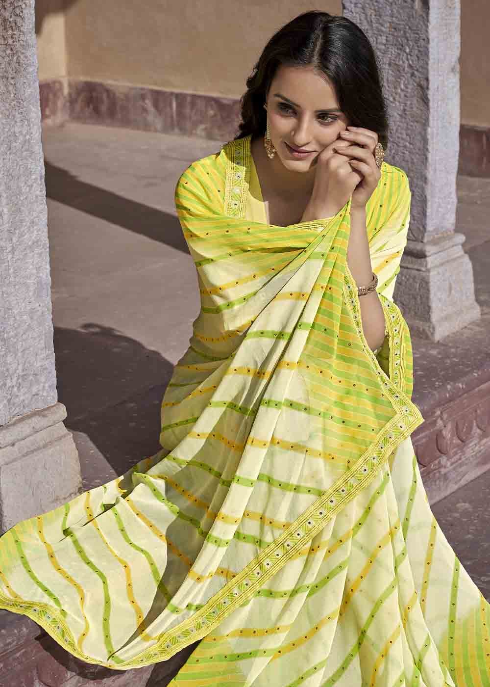 Buy MySilkLove Turmeric Green Yellow Printed Georgette Saree Online