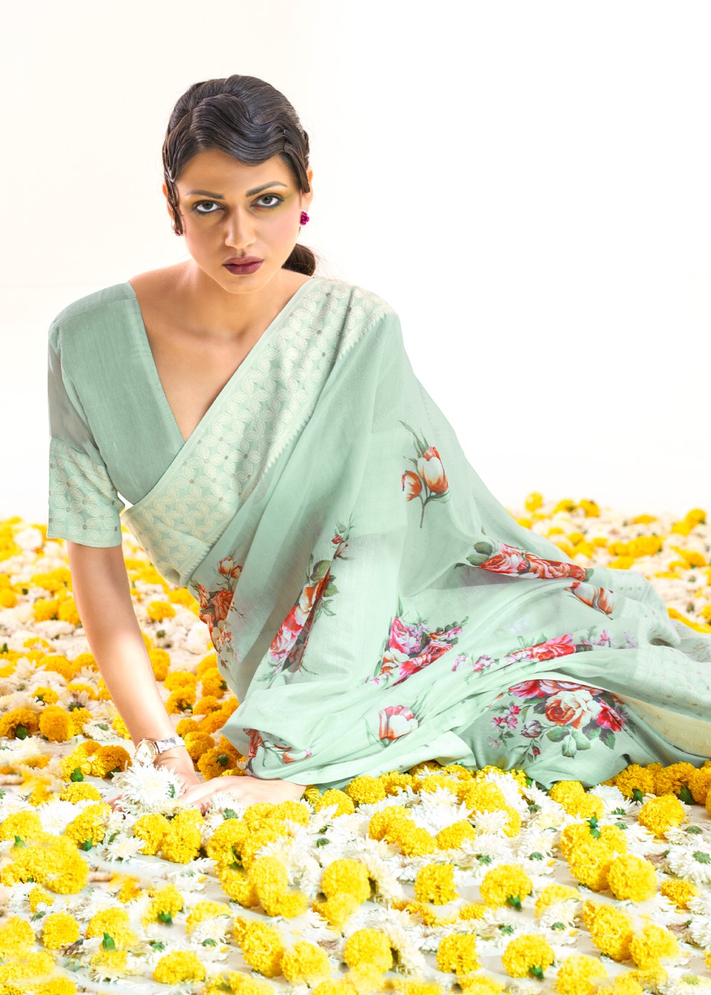 Buy MySilkLove Swans Down Blue Zari Woven Digital Printed Linen Saree Online