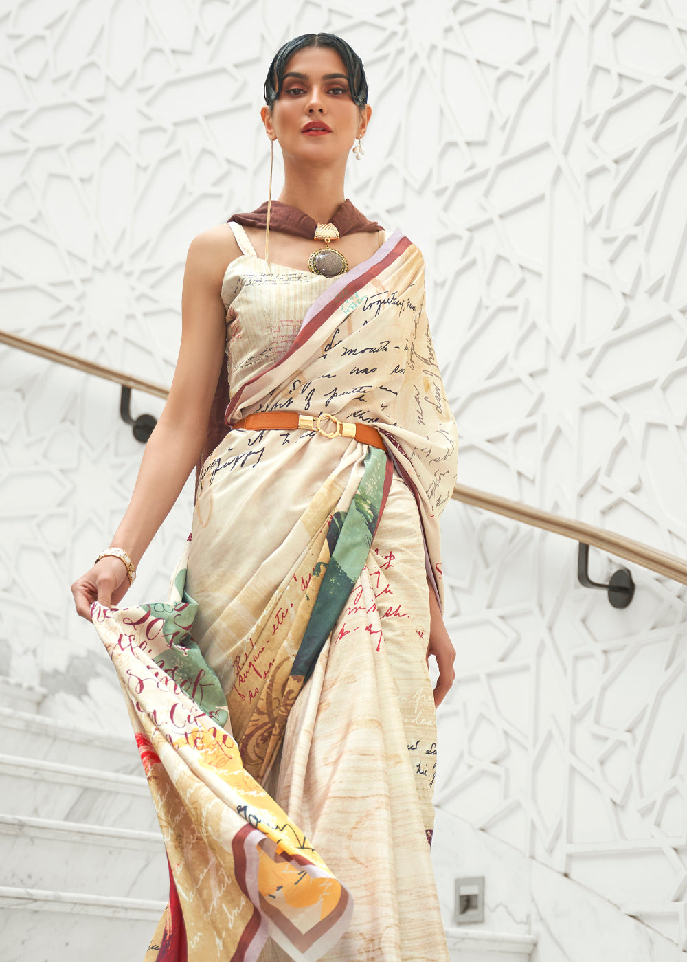 Buy MySilkLove Powder Off White Kalamkari Printed Crepe Saree Online