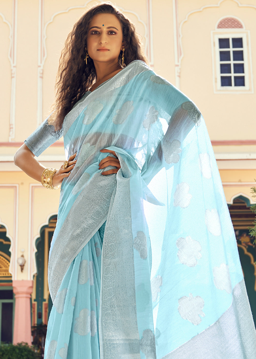 Buy MySilkLove Regent Blue Zari Woven Banarasi Linen Saree Online