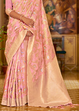 Rose Bud Pink Zari Woven Banarasi Linen Saree