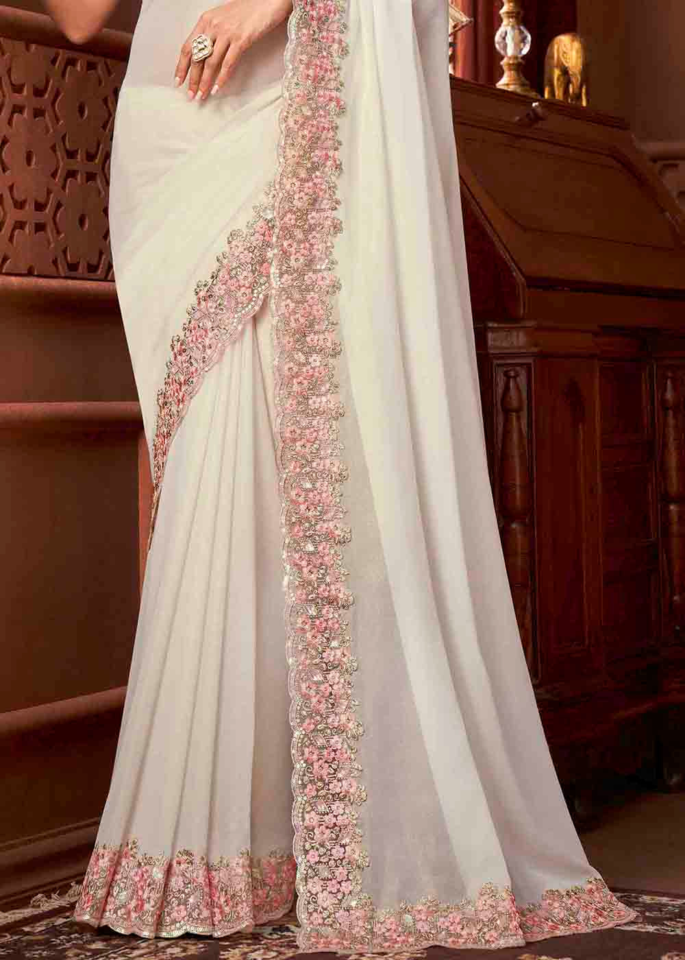 Buy MySilkLove Stark White Shimmer Georgette Designer Silk Saree Online