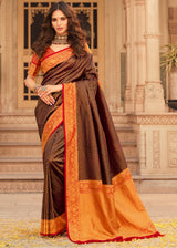 Brown Derby and Red Zari Woven Kanjivaram Saree