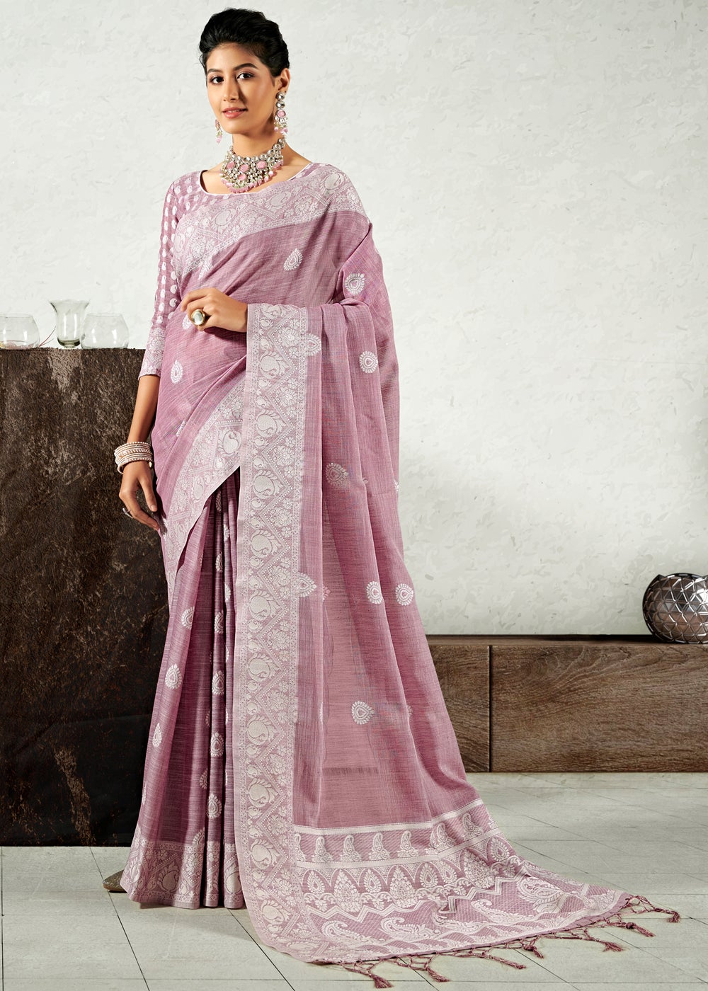 MySilkLove Pink Pearl Zari Woven Linen Saree