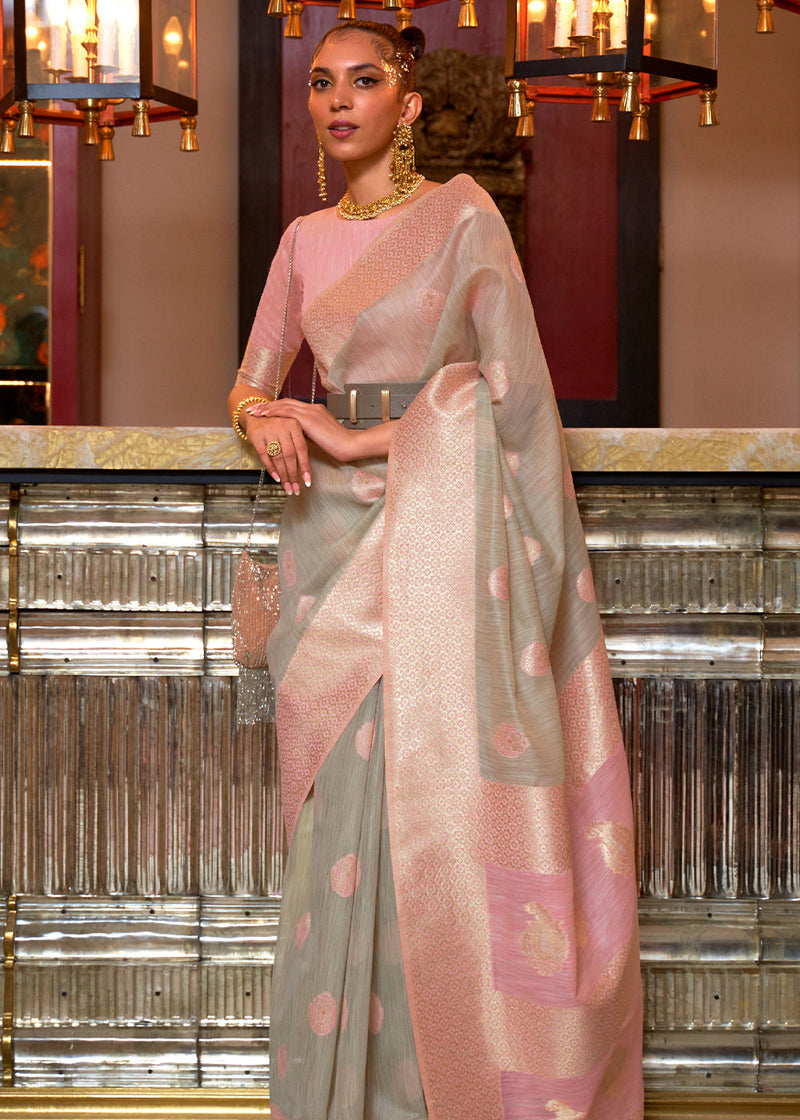 Grey Olive and Pink Zari Woven Linen Saree