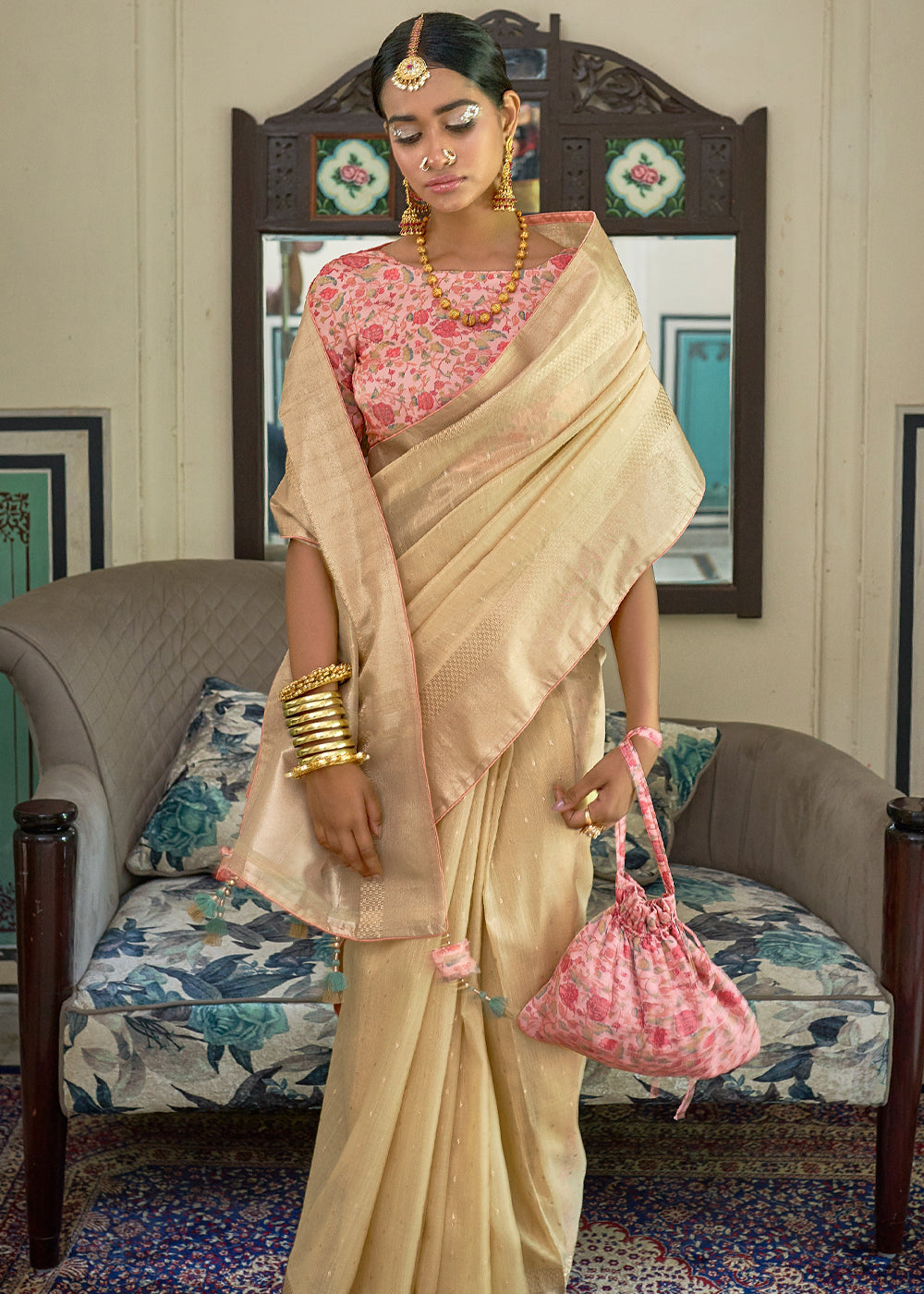 Buy MySilkLove Straw Cream Tissue Silk Saree with Designer Blouse Online