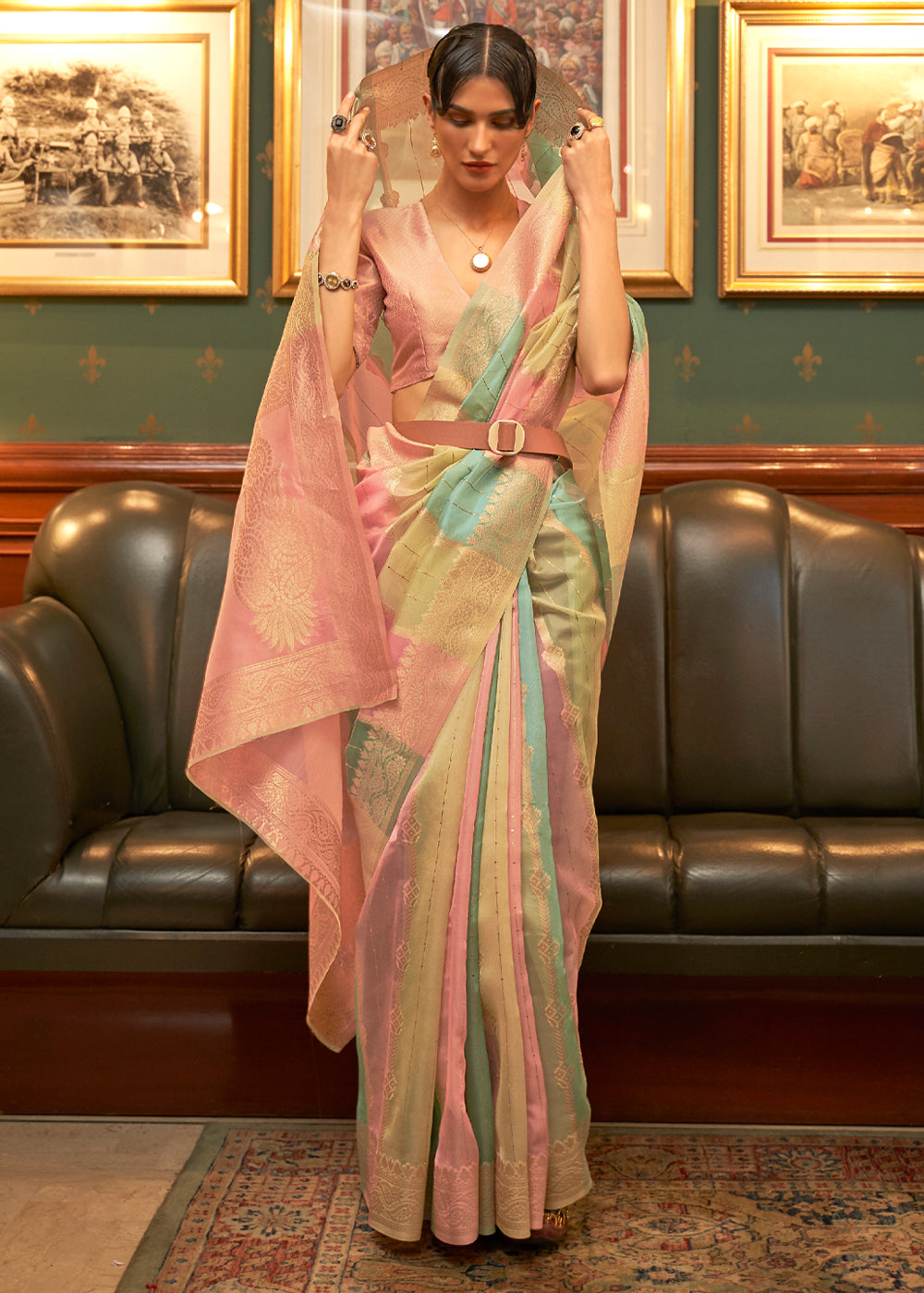 Buy MySilkLove Apricot Pink and Blue Zari Woven Banarasi Organza Saree Online