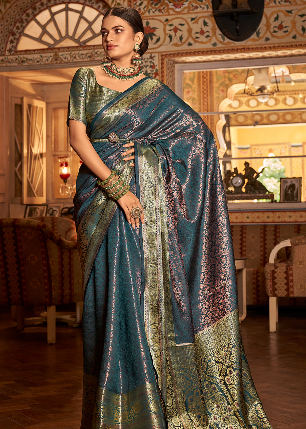 Buy MySilkLove Outer Space Blueish Green Bronze Zari Woven Kanjivaram Saree Online