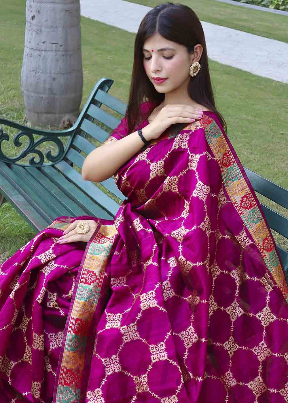 Buy MySilkLove Hopbush Purple Zari Woven Tussar Silk Saree Online