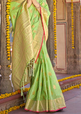 Primrose Green Zari Woven Banarasi Linen Saree