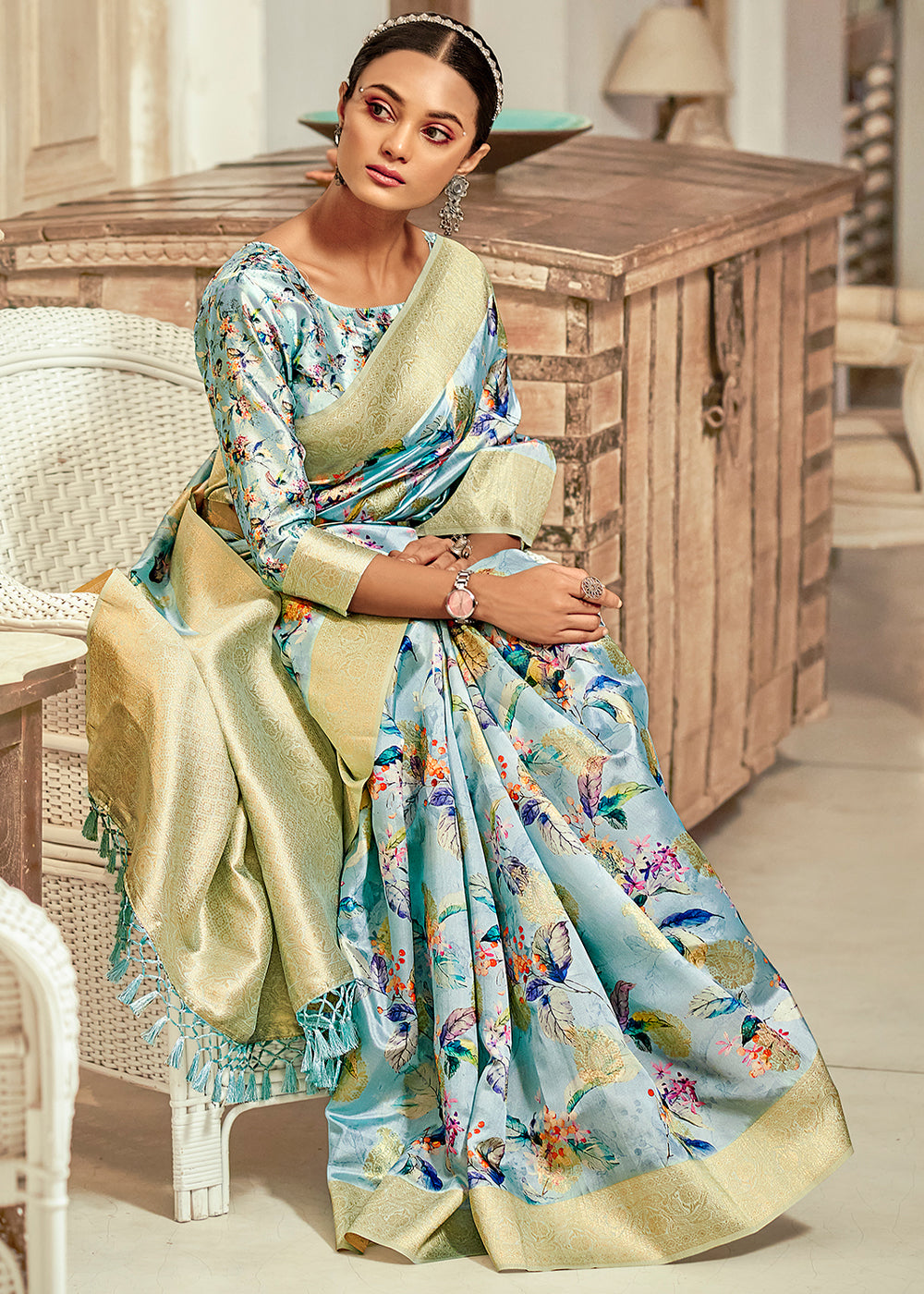 Buy MySilkLove Spring Rain Blue Digital Printed Banarasi Saree Online