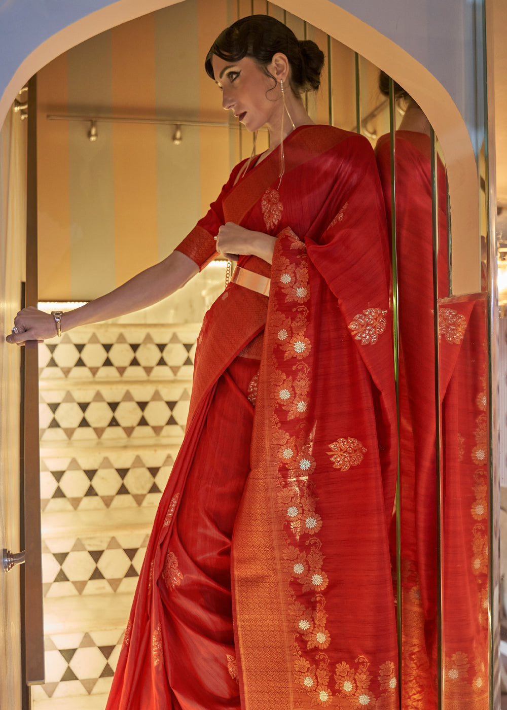 Buy MySilkLove Cognac Red Zari Woven Tussar Silk Saree Online