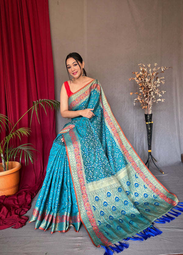 Picton Blue Woven Bandhej Patola Silk Saree