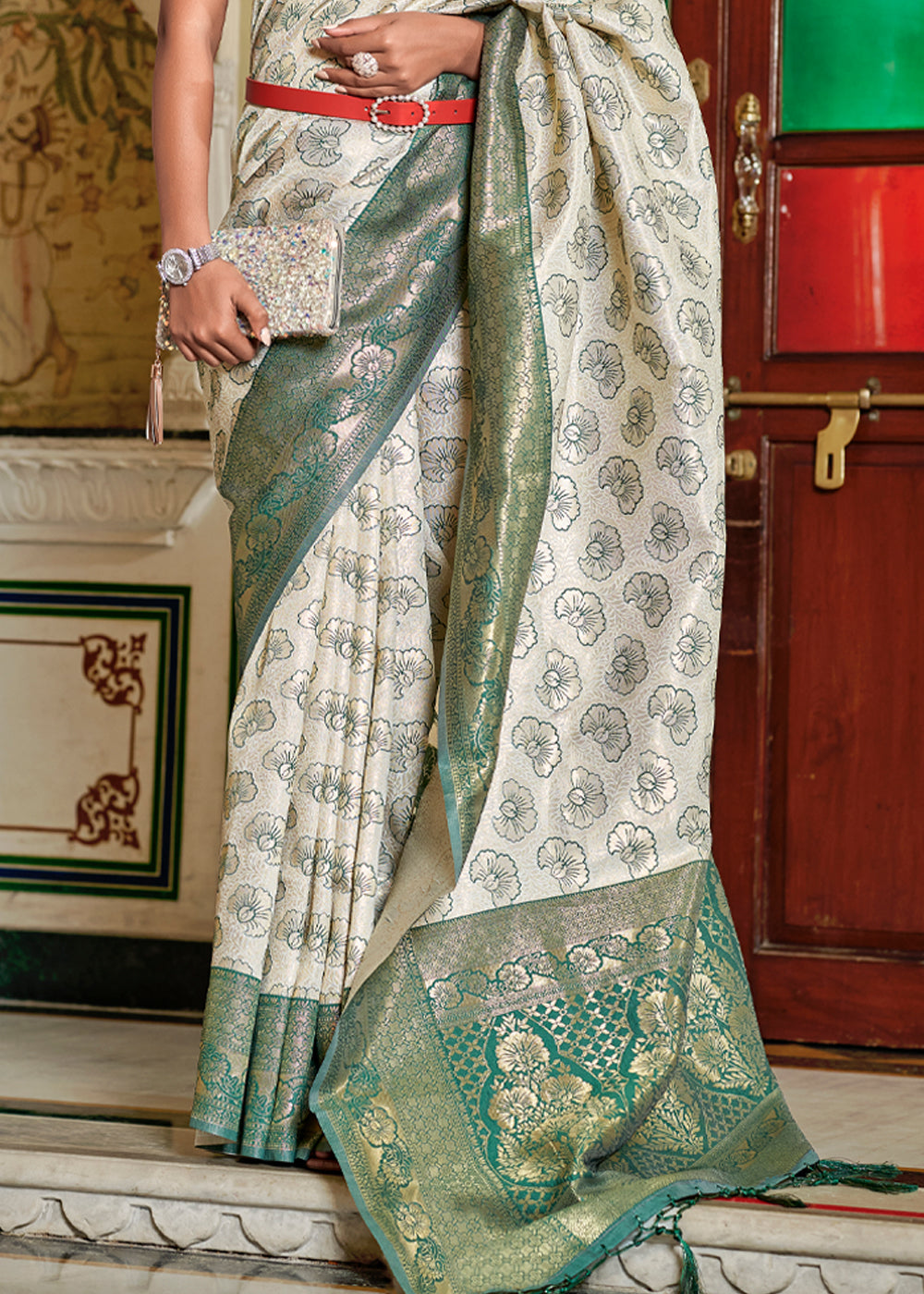 Buy MySilkLove Satin Linen and Green Woven Banarasi Silk Saree Online