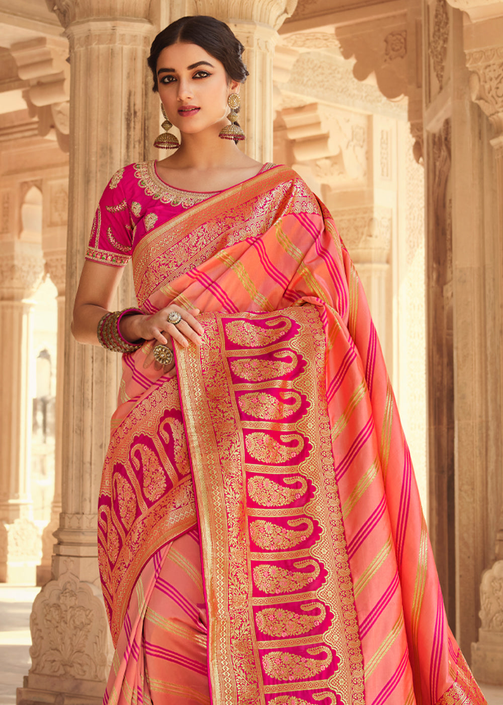 Buy MySilkLove Salmon Pink and Orange Zari Woven Striped Banarasi Saree with Designer Blouse Online