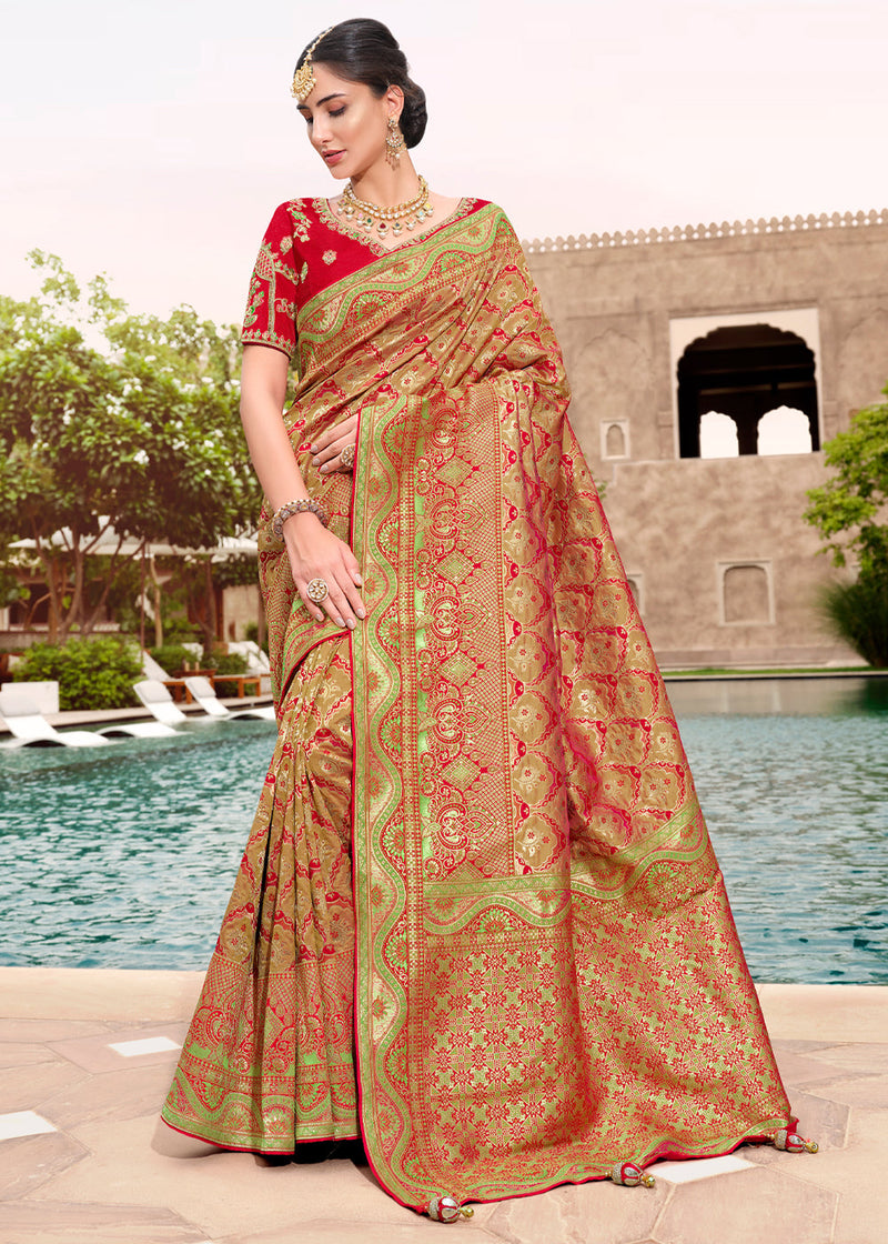 Brass Red and Golden Woven Designer Banarasi Silk Saree