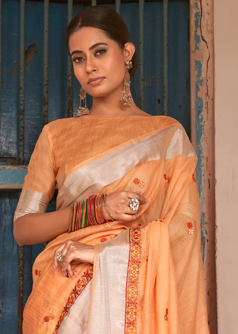 Buy MySilkLove Flesh Orange Floral Embroidered Linen Saree Online