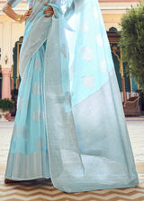 Regent Blue Zari Woven Banarasi Linen Saree