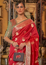 Mexican Red and Green Zari Woven Tussar Saree