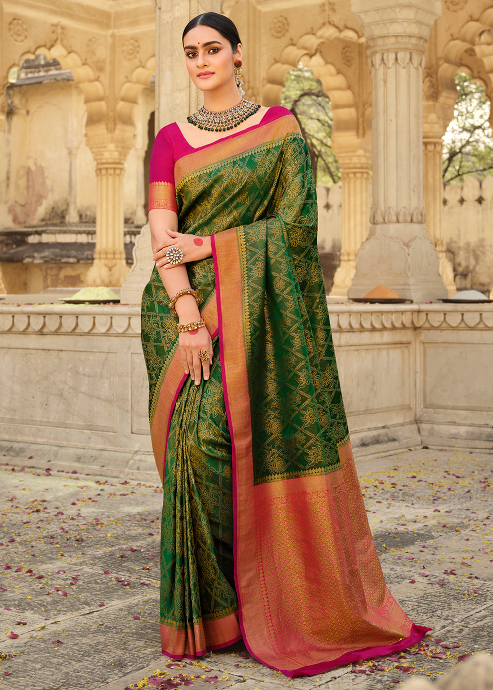 MySilkLove Thatch Green & Pink Zari Woven Kanjivaram Saree