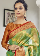 Hippie Green and Red Zari Woven Organza Tissue Silk Saree