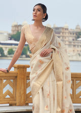 Bone White Zari Woven Banarasi Linen Saree