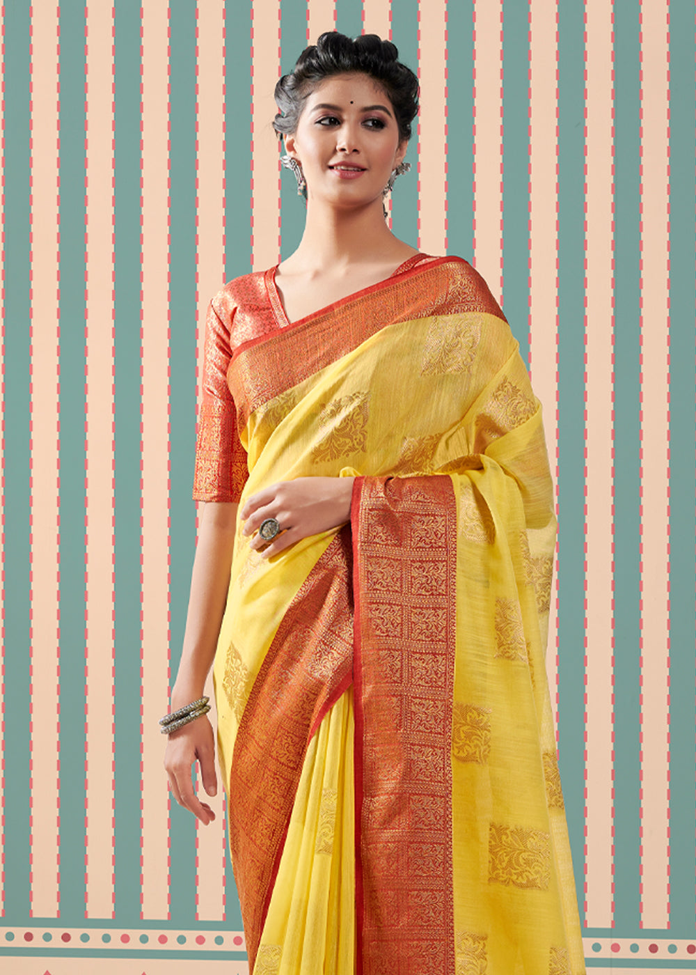 Buy MySilkLove Ronchi Yellow Zari Woven Banarasi Brocade Linen Saree Online