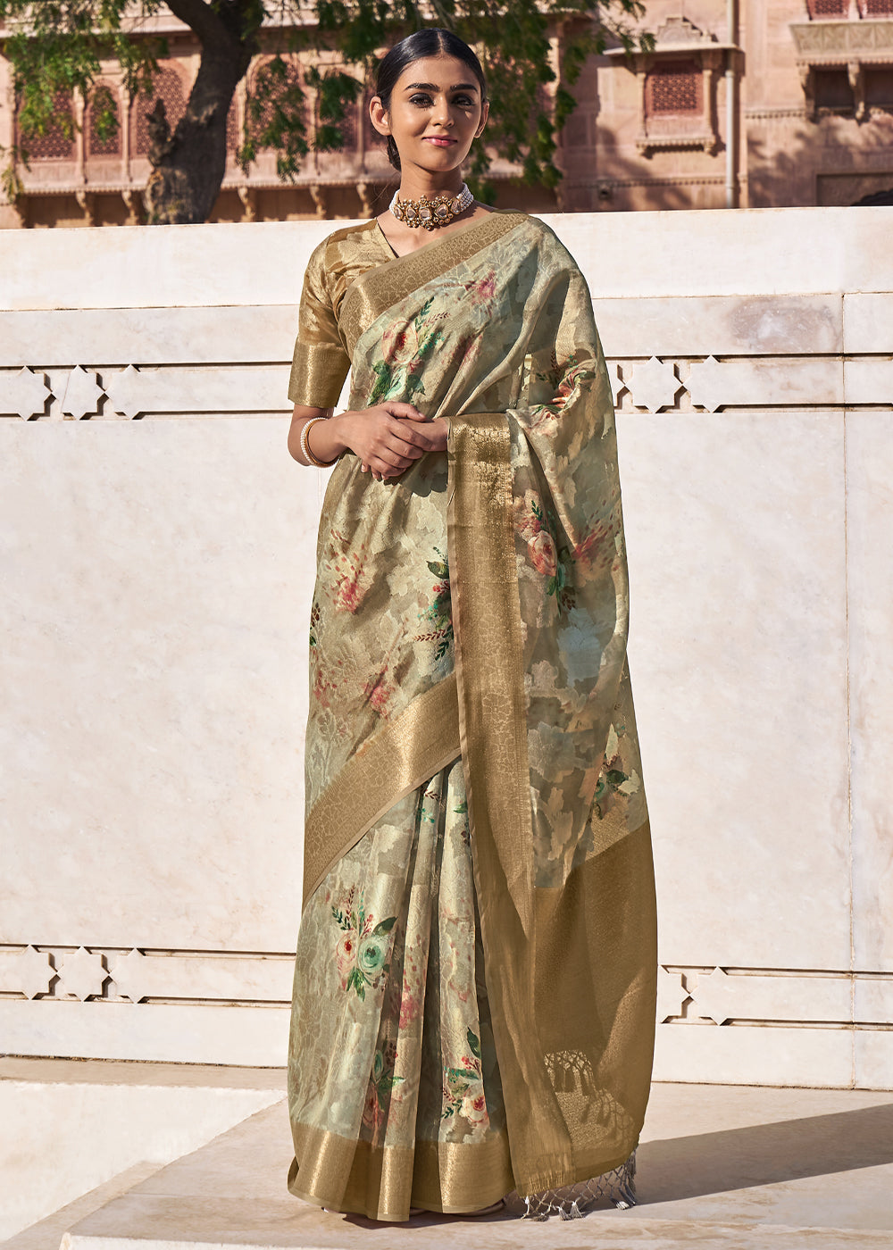 Buy MySilkLove Yuma Green Digital Printed Banarasi Cotton Saree Online