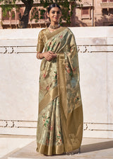 Yuma Green Digital Printed Banarasi Cotton Saree