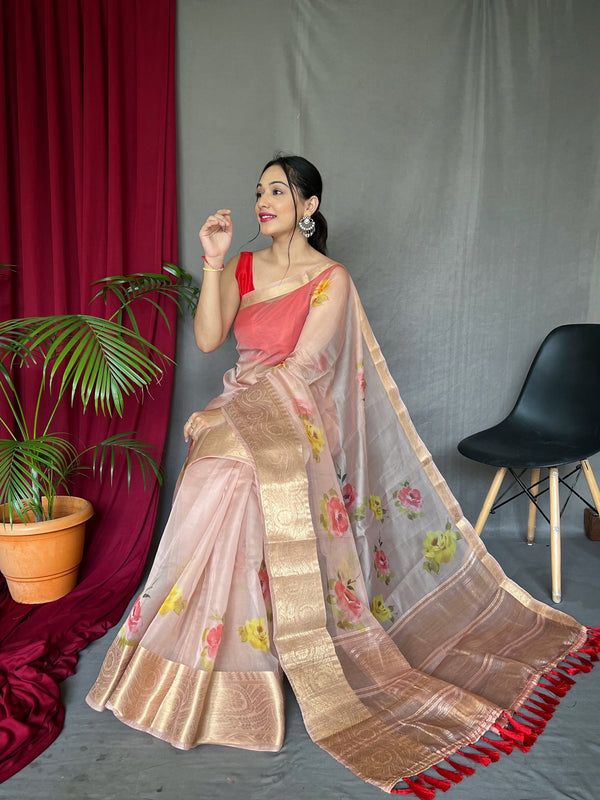 Printed Organza Tissue Silk Saree in Pink : SPTA13142