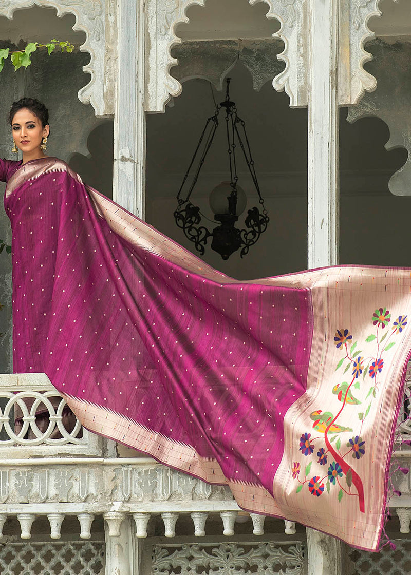 Cannon Pink Purple Zari Woven Tussar Paithani Silk Saree